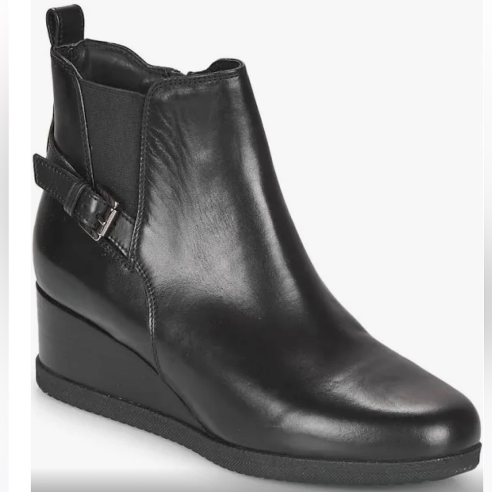 New Geox Black Low Wedge Leather Zip Anylla Ankle Boots, sz 9 US / 39.5 EU